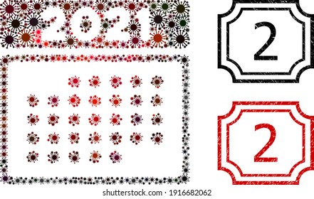 Mosaic 2021 month calendar composed of flu virus elements, and grunge 2 rectangle seal stamps with notches.