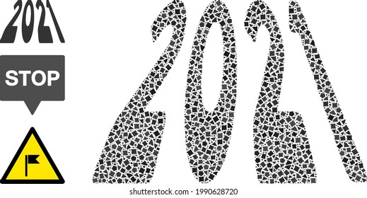 Mosaic 2021 perspective digits icon constructed from ragged spots in variable sizes, positions and proportions.