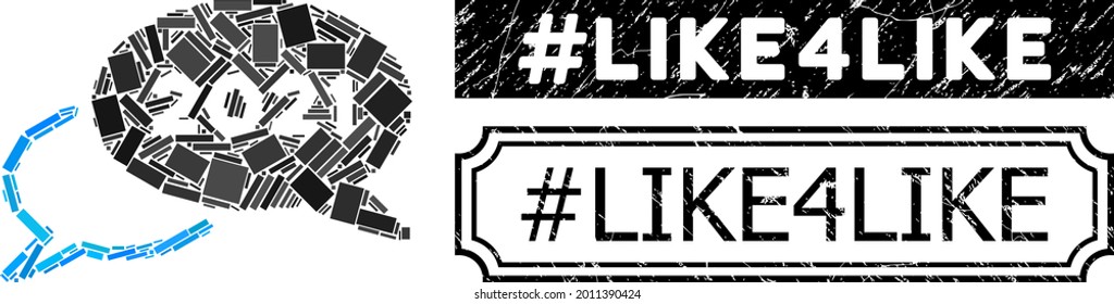 Mosaic 2021 webinar composed of rectangle elements, and black grunge hashtag Like4Like rectangle seal with notches. Vector rectangle parts are composed into abstract composition 2021 webinar icon.