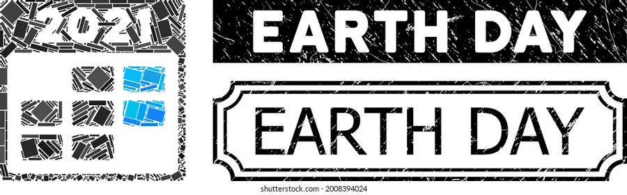 Mosaik Kalender 2021 Woche entworfen aus rechteckigen Gegenständen, und schwarze Grunge Earth Day Rechteck mit Kerben.