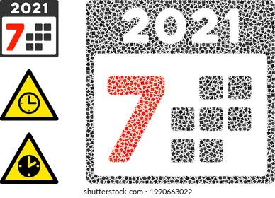 Mosaic 2021 year 7 days icon organized from ragged items in variable sizes, positions and proportions. Vector tuberous items are united into abstract illustration 2021 year 7 days icon.