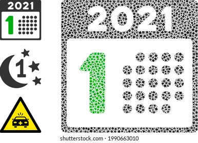 Mosaic 2021 year first day icon constructed from bumpy elements in variable sizes, positions and proportions. Vector raggy dots are united into abstract mosaic 2021 year first day icon.