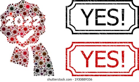 Mosaic 2022 approve award constructed from covid-2019 icons, and grunge Yes Exclamation. rectangle stamps with notches.