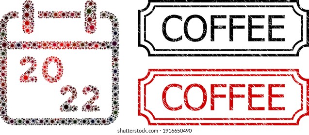 Mosaic 2022 calendar composed of covid-2019 elements, and grunge Coffee rectangle seal stamps with notches.