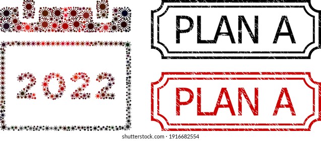 Mosaic 2022 calendar designed from covid-2019 items, and grunge Plan A rectangle stamps with notches.