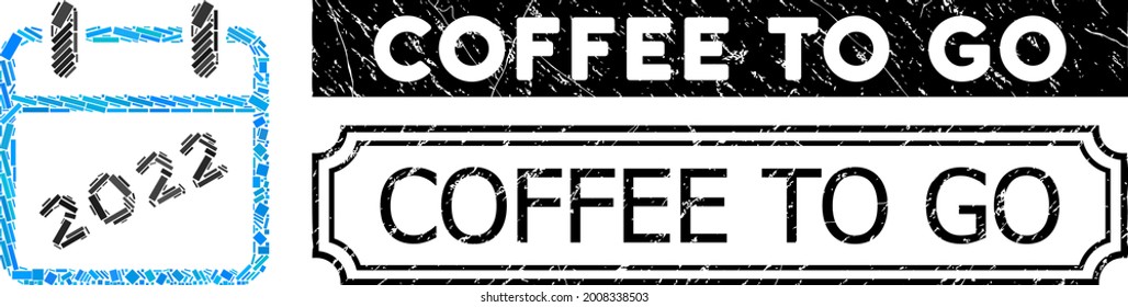 Mosaic 2022 calendar designed from rectangle elements, and black grunge Coffee to Go rectangle seal with notches. Vector rectangle elements are grouped into abstract mosaic 2022 calendar icon.