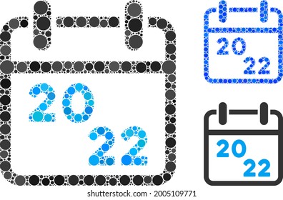 Mosaic 2022 calendar icon composed of round items in random sizes, positions and proportions. Blue and original versions of 2022 calendar icon.