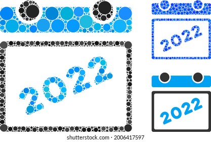 Mosaic 2022 calendar icon composed of circle items in various sizes, positions and proportions. Blue and original versions of 2022 calendar icon.