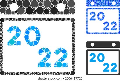 Mosaic 2022 calendar icon composed of spheric elements in different sizes, positions and proportions. Blue and original versions of 2022 calendar icon.