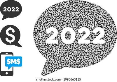 Icono de mensaje de chat Mosaic 2022 organizado a partir de elementos rudos en varios tamaños, posiciones y proporciones. Las partes escarpadas vectoriales se organizan en un icono de mensaje de chat de composición abstracta 2022.