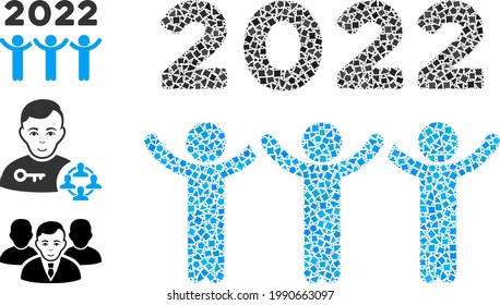 Mosaic 2022 dancing people icon designed from inequal items in various sizes, positions and proportions. Vector trembly spots are combined into abstract mosaic 2022 dancing people icon.
