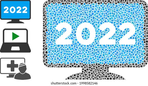 Mosaic 2022 display screen icon united from joggly spots in random sizes, positions and proportions. Vector trembly spots are combined into abstract composition 2022 display screen icon.