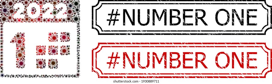 Mosaic 2022 first day composed of coronavirus items, and grunge Hashtag Number One rectangle seal stamps with notches.