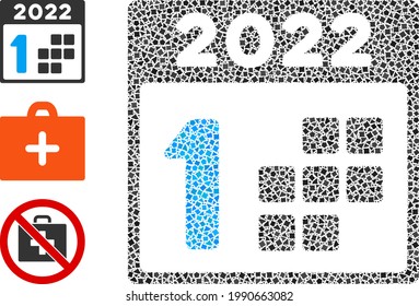 Icono de primer día Mosaic 2022 organizado a partir de puntos escarpados en varios tamaños, posiciones y proporciones. Los puntos irregulares vectoriales se unen en el icono de primer día del collage abstracto 2022.