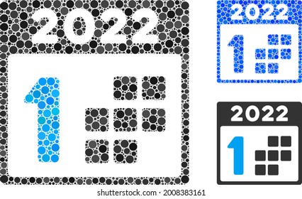 Mosaic 2022 first day icon composed of round items in variable sizes, positions and proportions. Blue and original versions of 2022 first day icon.