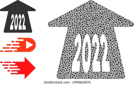 Mosaic 2022 forward arrow icon constructed from tuberous elements in different sizes, positions and proportions. Vector joggly dots are grouped into abstract mosaic 2022 forward arrow icon.