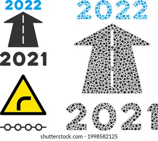 Icono de la futura carretera Mosaic 2022 construido a partir de elementos agrios en diferentes tamaños, posiciones y proporciones. Los elementos de traba vectorial están dispuestos en la composición abstracta del icono de la futura carretera 2022.
