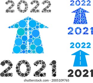 Mosaic 2022 future road icon organized from spheric items in random sizes, positions and proportions. Blue and original versions of 2022 future road icon.