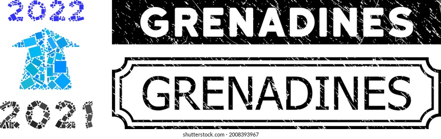 Mosaic 2022 future road organized from rectangle items, and black grunge Grenadines rectangle badge with notches. Vector rectangle parts are grouped into abstract mosaic 2022 future road icon.
