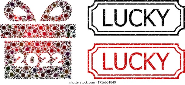 Mosaic 2022 gift organized from flu virus icons, and grunge Lucky rectangle stamps with notches. Vector infection icons are organized into abstract collage 2022 gift icon with red - black gradient.