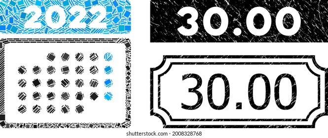 Mosaic 2022 month calendar composed of rectangle elements, and black grunge 30.00 rectangle stamp with notches. Vector rectangle elements are combined into abstract mosaic 2022 month calendar icon.