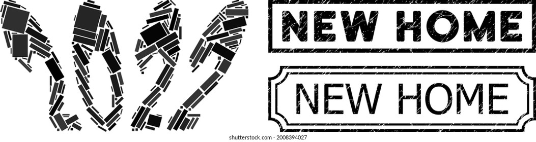 Mosaic 2022 perspective text organized from rectangle parts, and black grunge New Home rectangle stamp with notches.