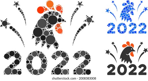 Mosaic 2022 rooster fireworks icon united from spheric items in various sizes, positions and proportions. Blue and original versions of 2022 rooster fireworks icon.