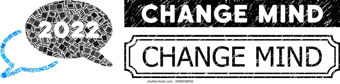 Mosaic 2022 webinar united from rectangle parts, and black grunge Change Mind rectangle badge with notches. Vector rectangle elements are composed into abstract illustration 2022 webinar icon.