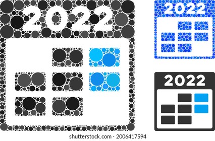 Mosaic 2022 week calendar icon designed from round items in different sizes, positions and proportions. Blue and original versions of 2022 week calendar icon.