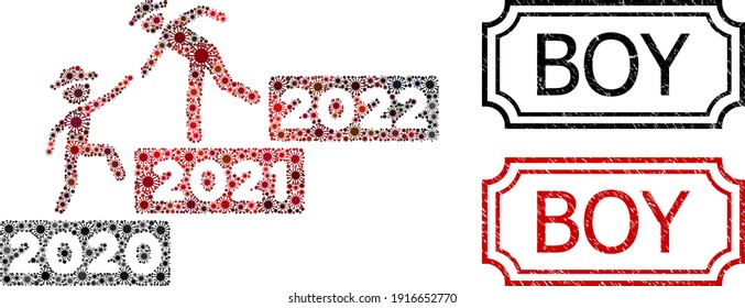 Mosaic 2022 year guy help united from flu virus items, and grunge Boy rectangle seals with notches.