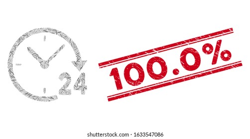 Mosaic 24 hours clock icon and red 100.0% seal between double parallel lines. Flat vector 24 hours clock mosaic icon of random rotated line elements. Red 100.0% rubber seal with scratched texture.