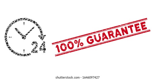 Mosaic 24 hours clock icon and rubber stamp seal with red 100 Percent Guarantee caption between double parallel lines. Mosaic vector is formed with 24 hours clock icon and with randomized ellipse