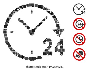 Mosaic 24 hours clock icon organized from square items in various sizes and color hues. Vector square items are united into abstract mosaic 24 hours clock icon. Bonus pictograms are added.