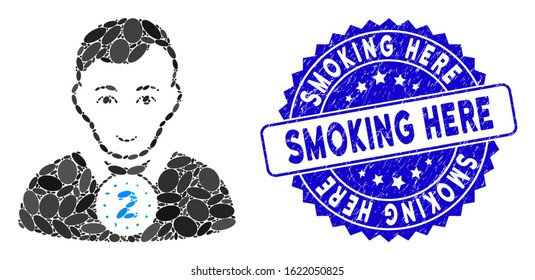 Mosaic 2nd prizer sportsman icon and corroded stamp seal with Smoking Here phrase. Mosaic vector is created with 2nd prizer sportsman icon and with scattered elliptic spots.