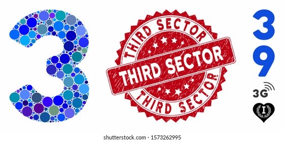 Mosaic 3 digit icon and grunge stamp seal with Third Sector text. Mosaic vector is composed from 3 digit pictogram and with scattered round items. Third Sector seal uses red color, and grunge texture.