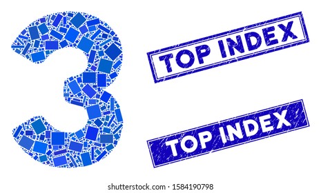 Mosaic 3 digit icon and rectangle Top Index seal stamps. Flat vector 3 digit mosaic icon of randomized rotated rectangular elements. Blue Top Index seal stamps with distress textures.