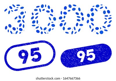 Mosaic 3000 digits text and distressed stamp seals with 95 phrase. Mosaic vector 3000 digits text is formed with randomized ellipse items. 95 seals use blue color, and have round rectangle shape.