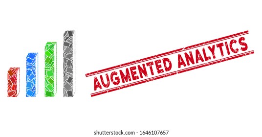 Mosaic 3d bar chart pictogram and red Augmented Analytics rubber print between double parallel lines. Flat vector 3d bar chart mosaic pictogram of randomized rotated rectangular items.