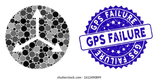 Mosaic 3d isometry directions icon and distressed stamp seal with GPS Failure phrase. Mosaic vector is formed with 3d isometry directions icon and with random spheric spots.
