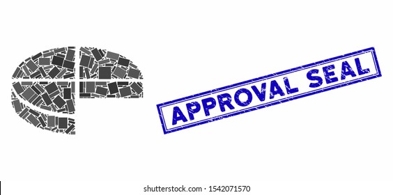 Mosaic 3d pie chart and grunge stamp seal with Approval Seal caption. Mosaic vector 3d pie chart is formed with random rectangles. Approval Seal stamp seal uses blue color.