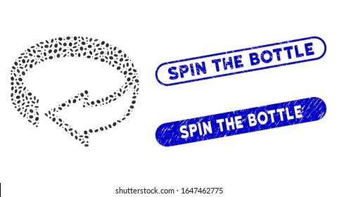 Mosaic 3d rotation and distressed stamp seals with Spin the Bottle caption. Mosaic vector 3d rotation is formed with randomized oval pieces. Spin the Bottle stamp seals use blue color,
