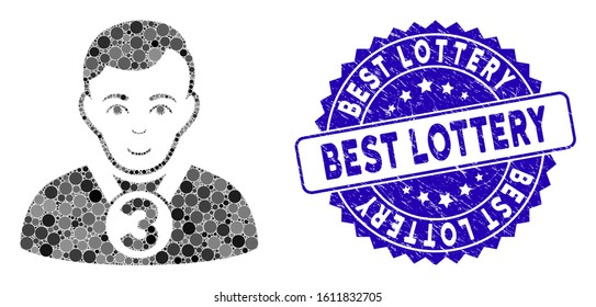 Mosaic 3rd prizer sportsman icon and grunge stamp seal with Best Lottery phrase. Mosaic vector is composed with 3rd prizer sportsman pictogram and with random spheric items.