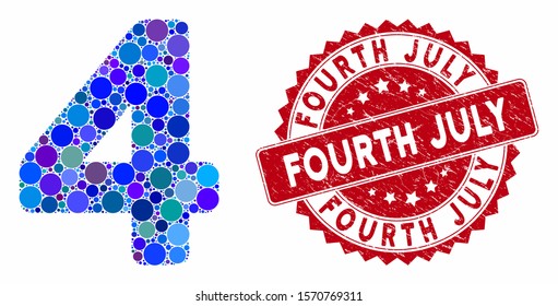 Mosaic 4 digit and corroded stamp watermark with Fourth July phrase. Mosaic vector is designed with 4 digit icon and with random spheric elements. Fourth July stamp seal uses red color,