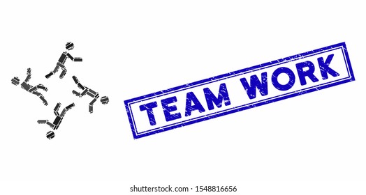 Mosaic 4 moving men and distressed stamp seal with Team Work caption. Mosaic vector 4 moving men is designed with randomized rectangle items. Team Work stamp seal uses blue color.