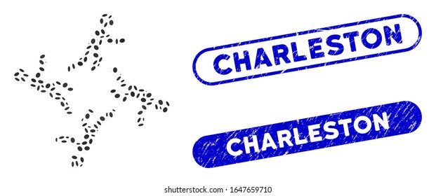 Mosaic 4 moving men and distressed stamp seals with Charleston text. Mosaic vector 4 moving men is composed with random ellipse parts. Charleston stamp seals use blue color,