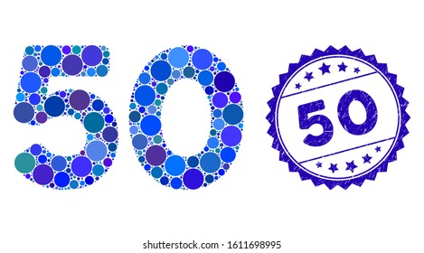 Mosaic 50 digits text icon and rubber stamp seal with 50 text. Mosaic vector is designed with 50 digits text icon and with randomized round items. 50 stamp seal uses blue color, and scratched design.
