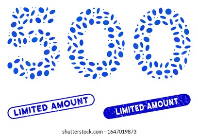 Mosaic 500 digits text and distressed stamp seals with Limited Amount phrase. Mosaic vector 500 digits text is formed with randomized ellipse items. Limited Amount seals use blue color,