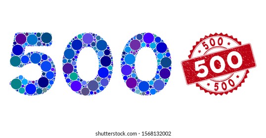 Mosaic 500 digits text and grunge stamp seal with 500 text. Mosaic vector is created with 500 digits text icon and with randomized spheric items. 500 stamp seal uses red color, and dirty texture.