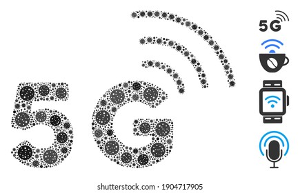 Mosaic 5G united from SARS virus items in random sizes and color hues. Vector pathogen icons are united into abstract illustration 5G icon. Some bonus icons are added.