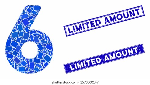 Mosaic 6 digit pictogram and rectangular Limited Amount seal stamps. Flat vector 6 digit mosaic icon of randomized rotated rectangular items. Blue Limited Amount seal stamps with grunged textures.